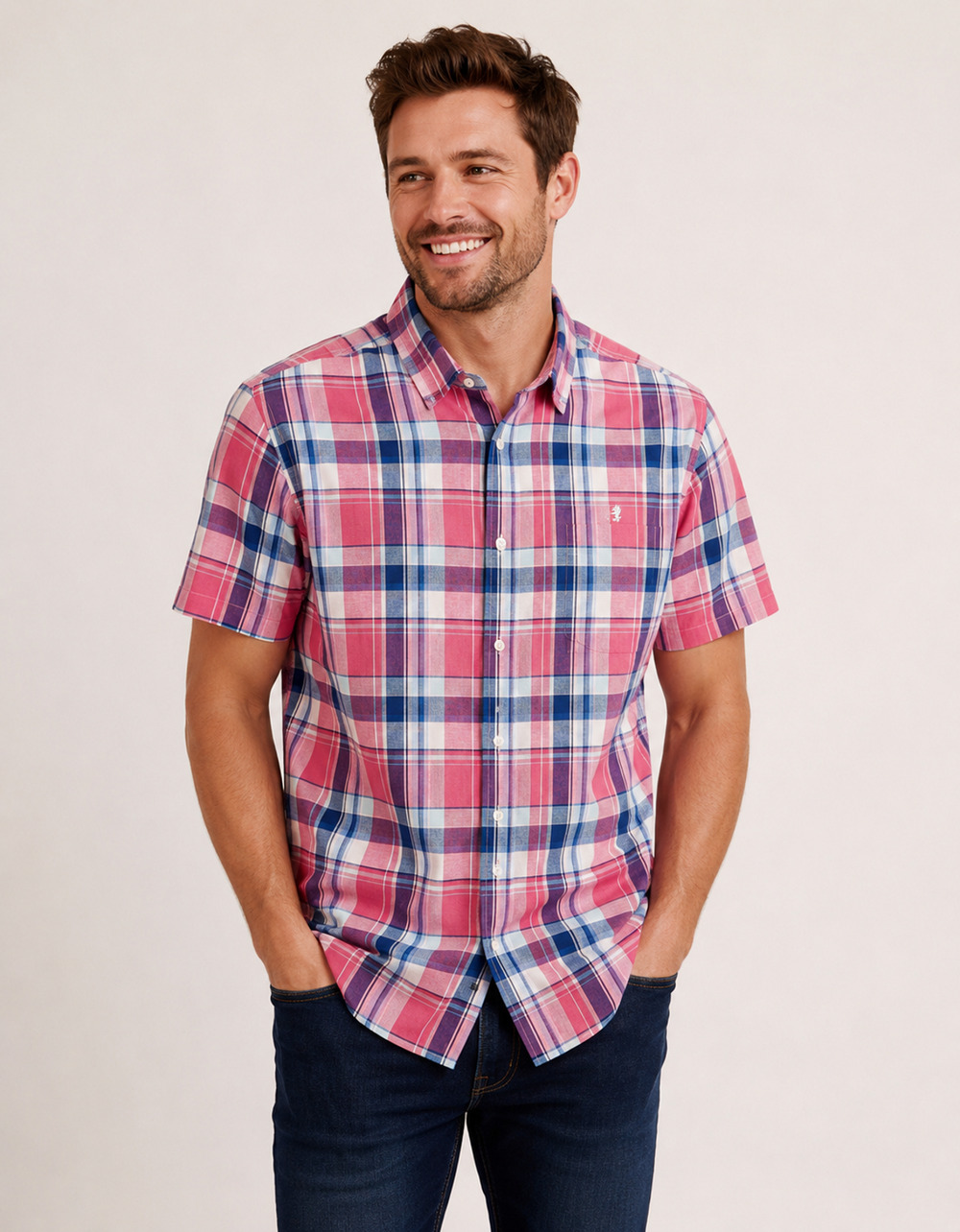 IZOD Dockside Linen Blend Plaid Shirt Men Medium NWT